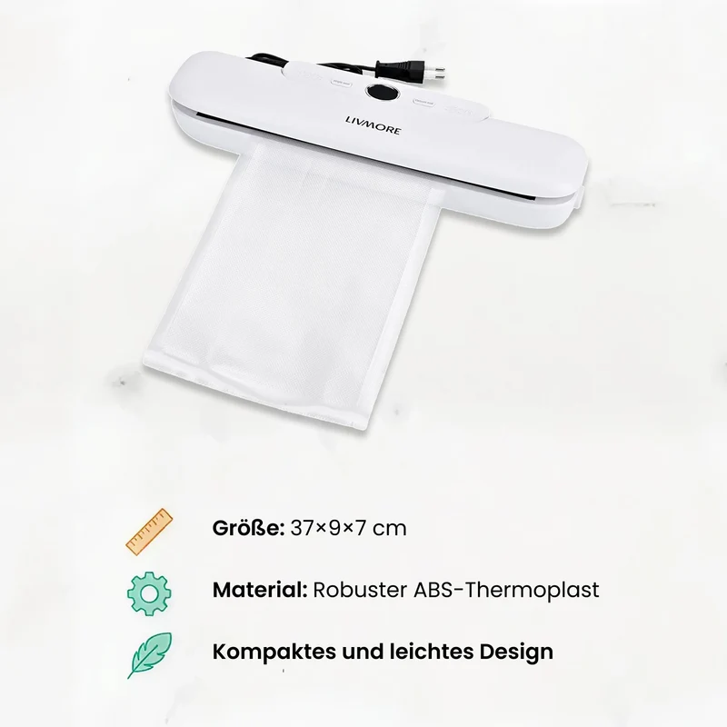 LIVMORE - Vakuumiergerät mit Schweiß- und Vakuumfunktion, inkl. Rollenbeutel und 10 Vakuumbeuteln, Weiß