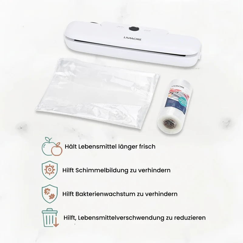 LIVMORE - Vakuumiergerät mit Schweiß- und Vakuumfunktion, inkl. Rollenbeutel und 10 Vakuumbeuteln, Weiß