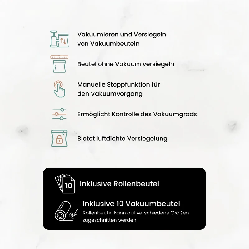 LIVMORE - Vakuumiergerät mit Schweiß- und Vakuumfunktion, inkl. Rollenbeutel und 10 Vakuumbeuteln, Weiß