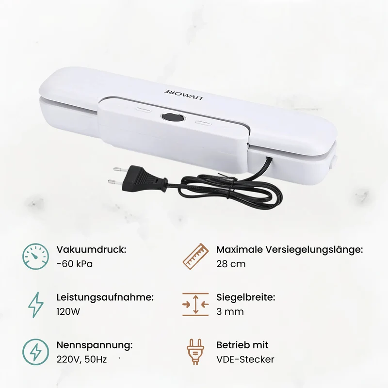 LIVMORE - Vakuumiergerät mit Schweiß- und Vakuumfunktion, inkl. Rollenbeutel und 10 Vakuumbeuteln, Weiß