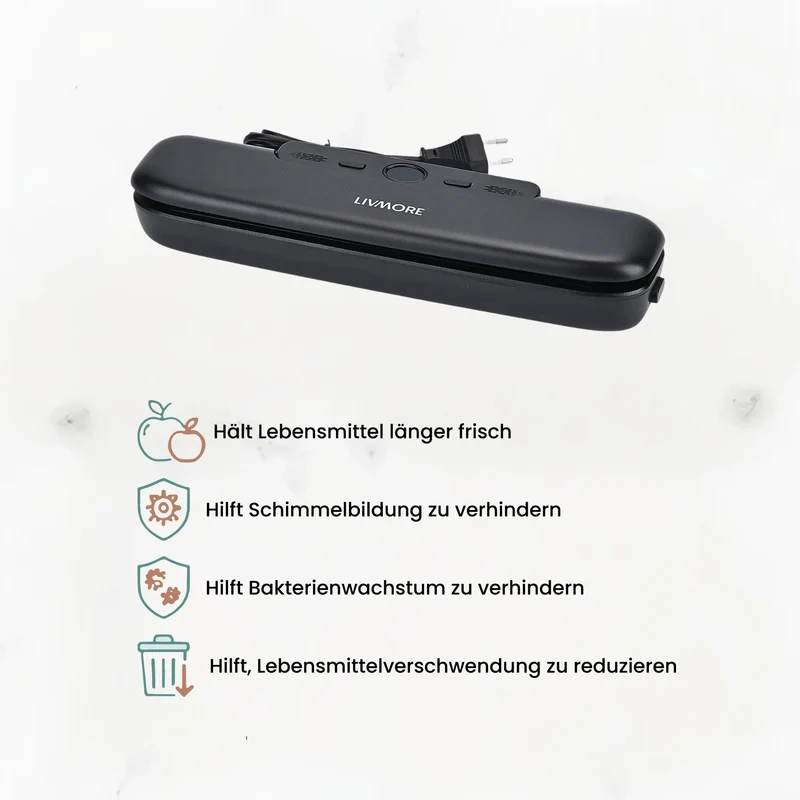 LIVMORE - Vakuumiergerät mit Schweiß- und Vakuumfunktion, inkl. Rollenbeutel und 10 Vakuumbeuteln, Weiß