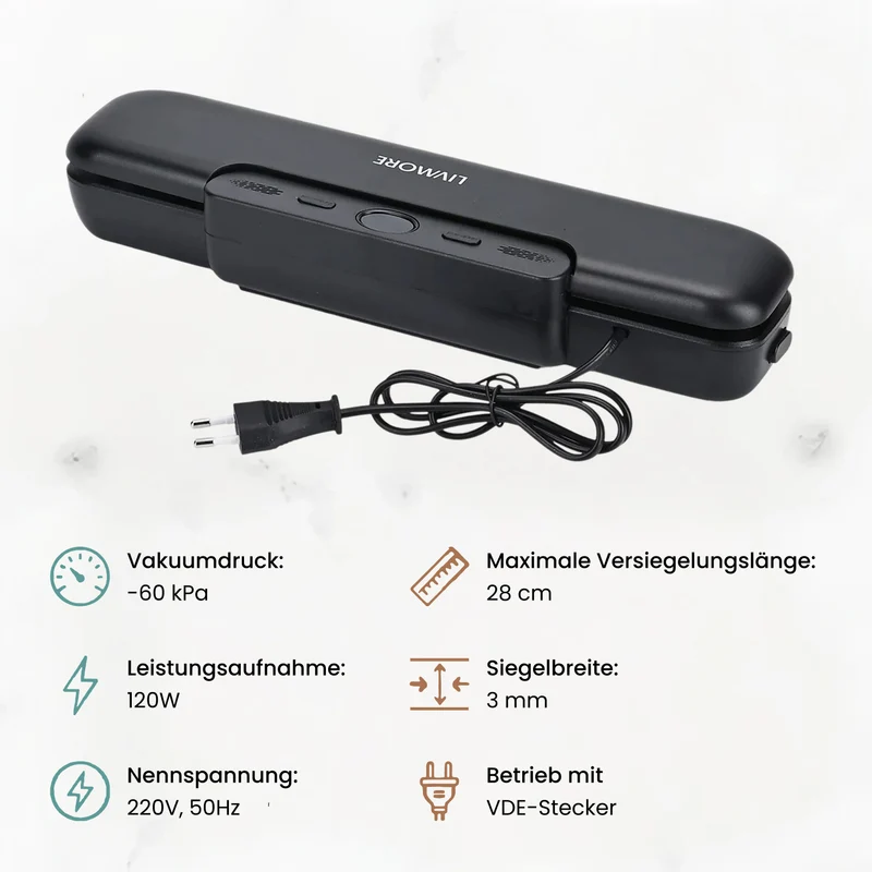 LIVMORE - Vakuumiergerät mit Schweiß- und Vakuumfunktion, inkl. Rollenbeutel und 10 Vakuumbeuteln, Weiß