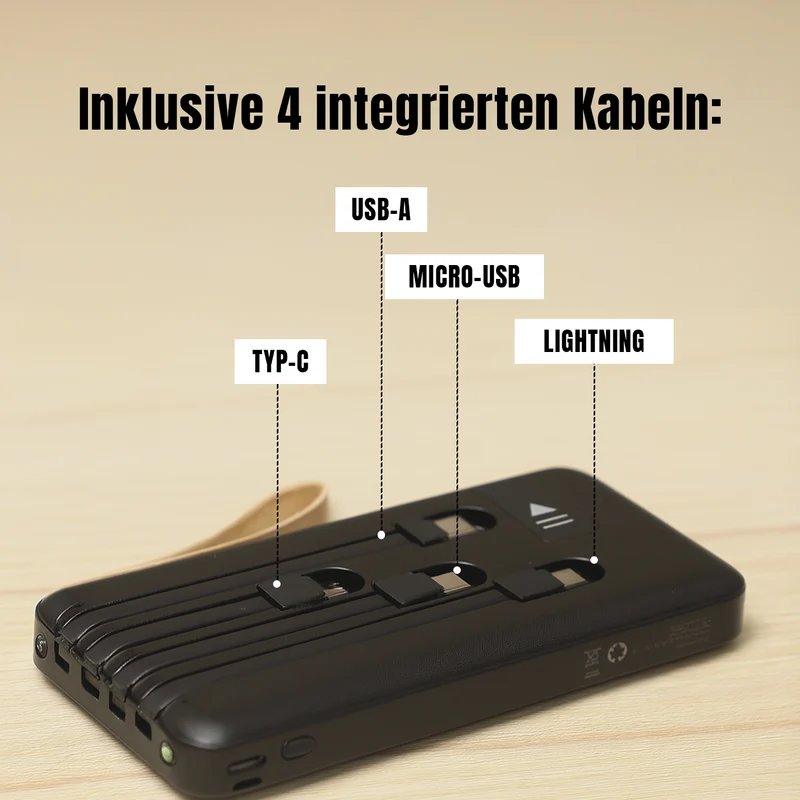 Powerbank mit 10.000 mAh, integrierter LED-Taschenlampe, 4 integrierten Kabeln und Handyhalterung, 14x7x2cm, Weiß