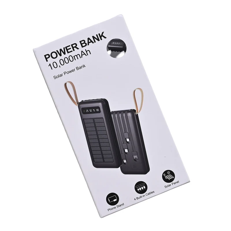 Powerbank mit 10.000 mAh, integrierter LED-Taschenlampe, 4 integrierten Kabeln und Handyhalterung, 14x7x2cm, Weiß