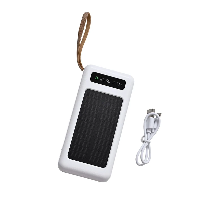Powerbank mit 10.000 mAh, integrierter LED-Taschenlampe, 4 integrierten Kabeln und Handyhalterung, 14x7x2cm, Weiß