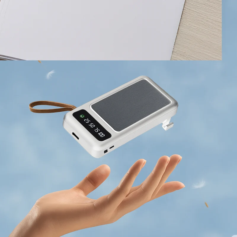 Powerbank mit 10.000 mAh, integrierter LED-Taschenlampe, 4 integrierten Kabeln und Handyhalterung, 14x7x2cm, Weiß
