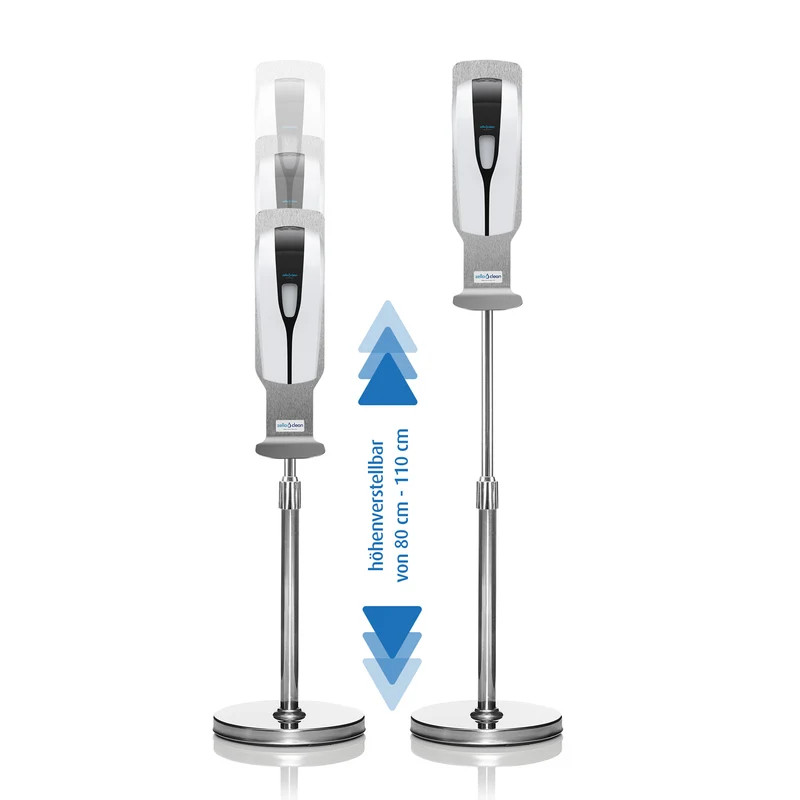 Sensor Desinfektionsstation Rundständer silber, höhenverstellbar, Automatik, Kontaktlos mit Tropfschale, Hygienesäule