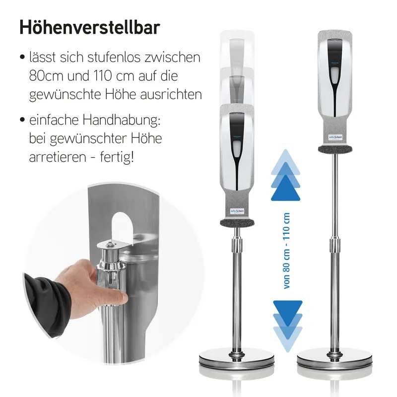 Sensor Desinfektionsstation Rundständer silber, höhenverstellbar, Automatik, Kontaktlos mit Tropfschale, Hygienesäule