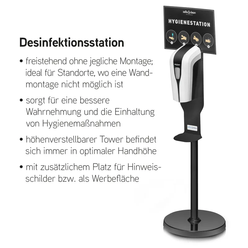 Sensor Desinfektionsstation Rundständer schwarz, höhenverstellbar, Automatik, Kontaktlos mit Tropfschale, Hygienesäule