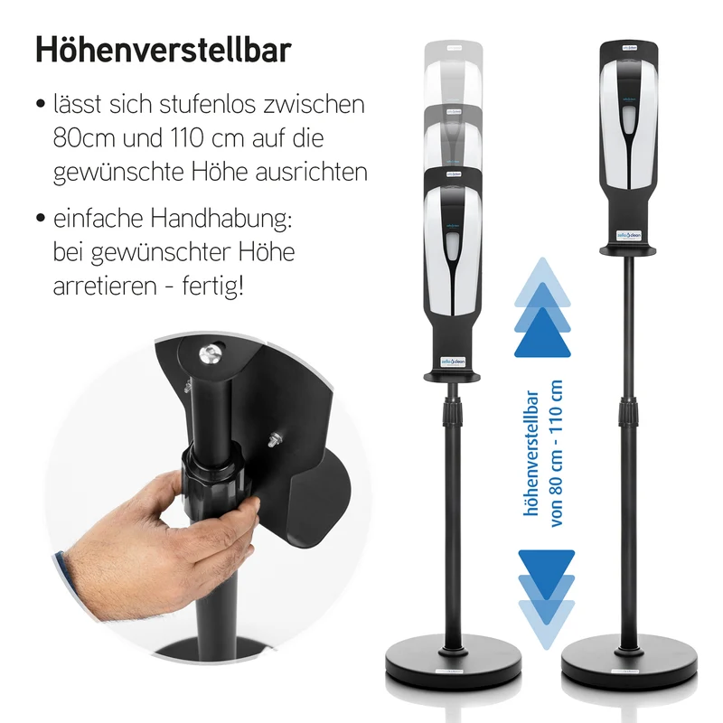 Sensor Desinfektionsstation Rundständer schwarz, höhenverstellbar, Automatik, Kontaktlos mit Tropfschale, Hygienesäule