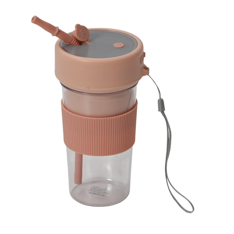 Tragbarer Entsafter mit Deckel und Trinkhalm, 350 ml, mit Edelstahlklinge und USB-Aufladung, 174x88 mm, Wiederaufladbar, Rosa