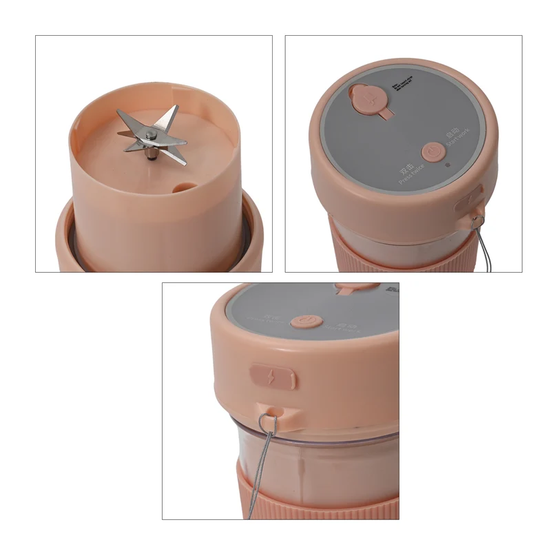 Tragbarer Entsafter mit Deckel und Trinkhalm, 350 ml, mit Edelstahlklinge und USB-Aufladung, 174x88 mm, Wiederaufladbar, Rosa