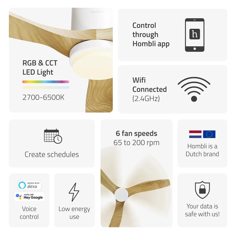 Hombli Smart Ceiling Fan & Light - White & Light Wood